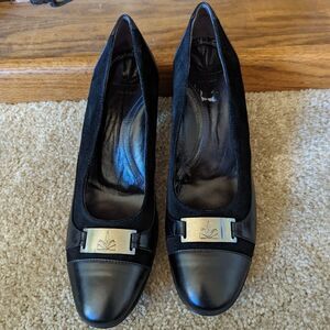 𝅺michael toschi black suede and patent leather chunky heel shoes sz 39 euc